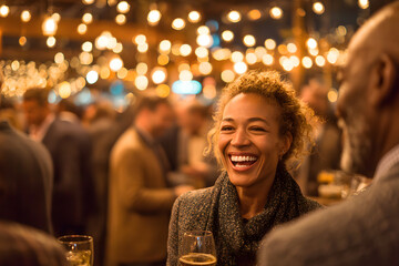 A vibrant scene of professionals networking at a festive holiday mixer, filled with twinkling Christmas lights and joyous laughter