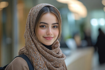 Woman smiling wearing a scarf.
