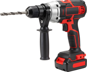 A modern cordless drill, featuring a sleek black and red design and a sharp drill bit. The drill is a powerful tool perfect for home improvement and construction projects.