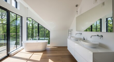 Fototapeta premium Modern Bathroom Design with Freestanding Bathtub and Double Vanity