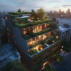 Urban building rooftop gardens with lush sustainable greenery high resolution picture