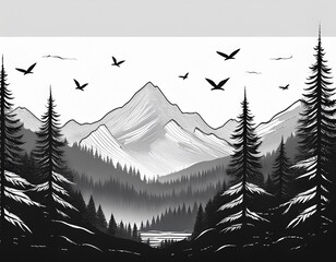black and white drawing of a mountain landscape with pine trees in the foreground and birds flying