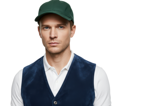 Isolated Trendy stylish handsome man in hat and waistcoat posing thoughtfully at camera