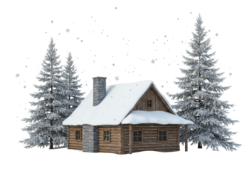 Isolated winter cabin in the snow, cozy log house and pine trees with snowy rooftops