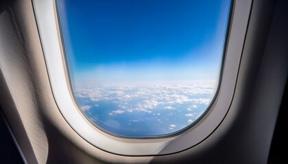 airplane window with blue sky