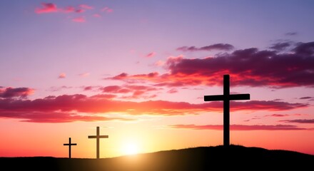 Three crosses silhouetted on a hill against a vibrant sunset sky with colorful clouds, symbolizing faith and hope