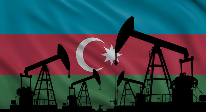 Azerbaijan energy industry with oil pumps silhouette against national flag background