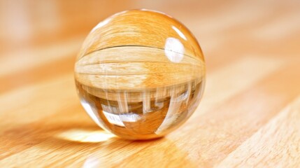 A spherical crystal ball with reflective orange-tinted surface rests on a wooden table,
