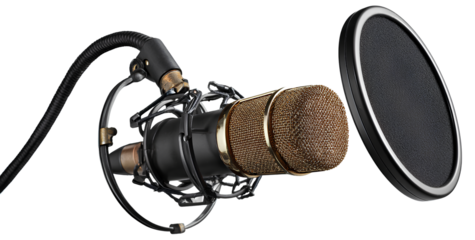 a silver microphone with a pop filter on the mic, isolated on a transparent background. high-resolution png file 