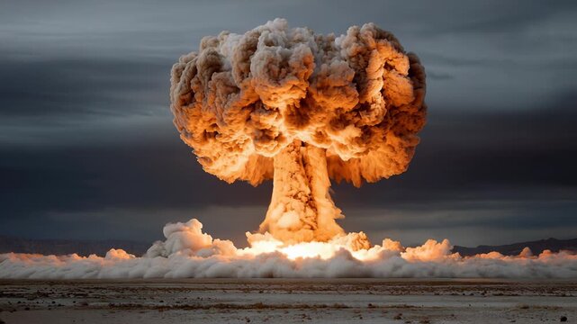 Mushroom Cloud of a Nuclear Explosion over Desert Landscape, Dramatic Sky, Symbolizing Power, Destruction, and the End of the World