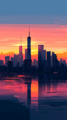 Urban skyscrapers silhouetted against dramatic sunset skyline view high resolution picture