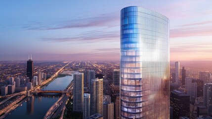 Modern glass skyscraper at sunset over city skyline.