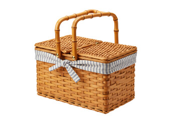 Isolated Wicker Picnic Basket with Bamboo Handle and Blue Striped Fabric Accent, Outdoor Storage