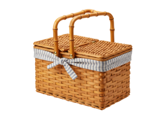 Isolated Wicker Picnic Basket with Bamboo Handle and Blue Striped Fabric Accent, Outdoor Storage
