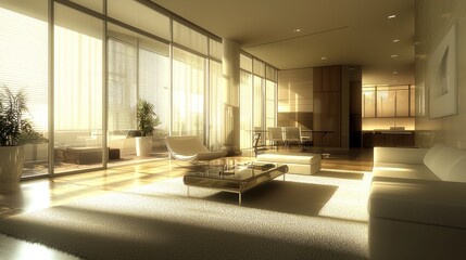 Sunlit modern apartment living room with city view.