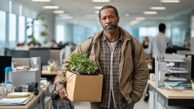 Uncertainty and Change: A dejected individual departs the office, clutching their belongings and a plant, a poignant depiction of job loss and new beginnings.