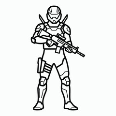 Obraz premium Line art soldier in futuristic armor holding assault rifle and knives warrior military