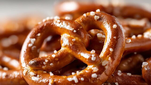 Close-up of Freshly Baked Soft Pretzels Sprinkled with Coarse Salt, Delicious Snack, Traditional German Treat, Food Photography