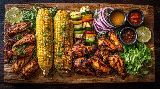 Barbecue platter with grilled chicken wings, corn, vegetable skewers, and sauces on a wooden board. - Powered by Adobe