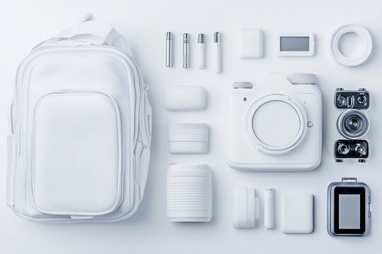 A collection of white photography equipment and accessories arranged neatly, including a backpack, camera, and various gadgets on a light surface.