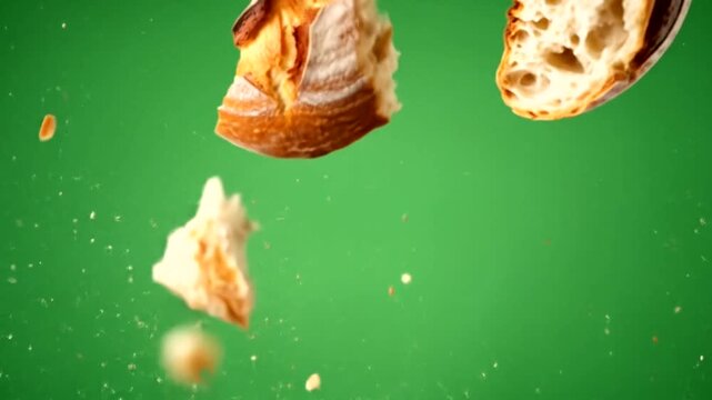 Freshly baked bread slices explode in mid-air against a vibrant green background.