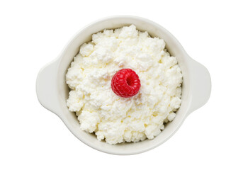 Isolated top view of cottage cheese with fresh raspberry in white bowl – healthy breakfast