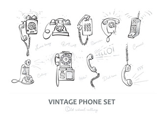 Hand drawn vintage phone doodles on white background: rotary phones, payphones, wall phones with labels. 