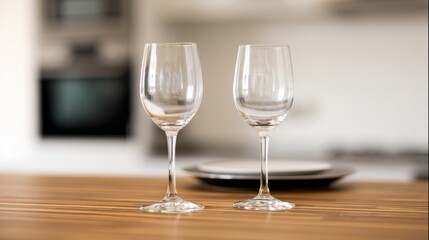 Two empty wine glasses placed closely together on a smooth polished wooden surface,