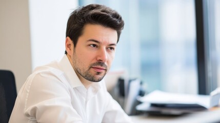 Fototapeta premium A thoughtful man with dark hair wearing a white collared shirt sits at a desk in a professional office setting with larg