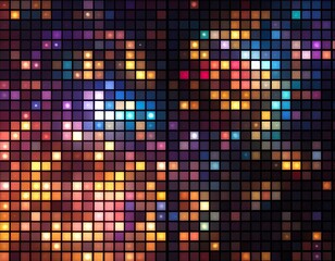 Vibrant abstract background with a grid of colorful glowing square pixels creating a dynamic and sparkling digital light pattern.