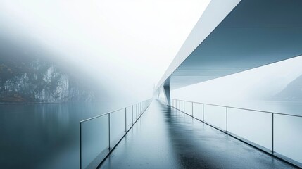 Foggy lake bridge walkway.