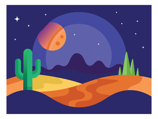Naklejka premium Mystical Desert Landscape with Cactus Starry Night and Distant Mountains