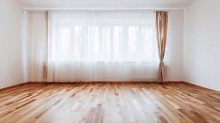 Fototapeta premium A minimalist room bathed in natural light through three windows with sheer white curtains, hardwood floors,