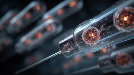 Microscopic View of Coronavirus Particles within Syringe, Medical Research Concept