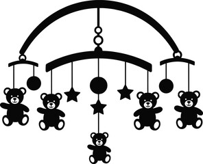 Baby mobile silhouette, teddy bear hanging toy, nursery decor, stars and balls, black vector art, minimal design, infant illustration