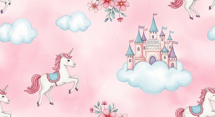 Seamless watercolor pattern with cute unicorns, castles, and clouds on a pink background.