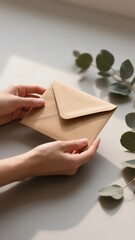 Hands holding a brown envelope on a light surface with eucalyptus leaves nearby