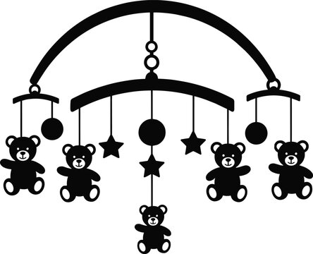 Baby mobile silhouette, teddy bear hanging toy, nursery decor, stars and balls, black vector art, minimal design, infant illustration