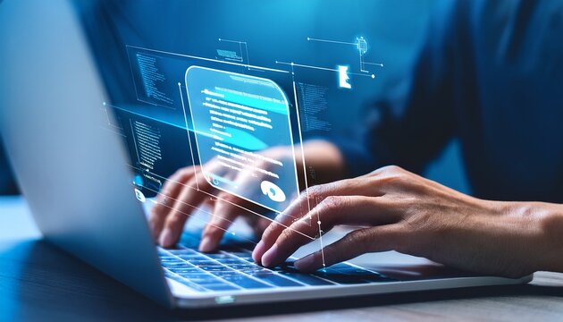 close up of hands typing on laptop with virtual ai assistant chatbot and code interface representing artificial intelligence automation and smart digital support system