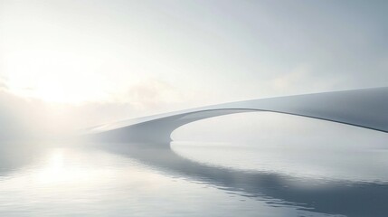 Futuristic white bridge arching over calm water at sunrise.