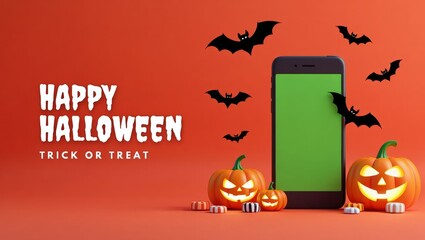 Happy Halloween Trick or Treat Spooky Mobile Celebration with Pumpkins, Bats, and Festive Cheer