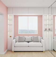 Cozy modern room with a white sofa, soft gray pillows, pink accent wall, large window, built-in shelves with decor, and a bright airy atmosphere filled with natural light