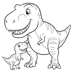 Fototapeta premium Cute Cartoon T-Rex Parent and Baby - Happy Dinosaur Family Coloring Page for Kids