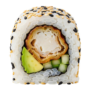 Inside-Out Sushi Roll with Avocado, Cucumber, and Tempura Filling