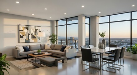 Fototapeta premium Modern Open-Concept Living Room with City Views.