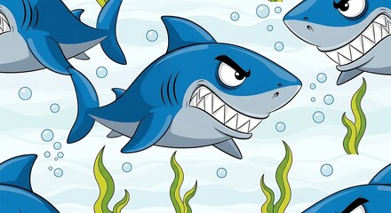 Obraz premium Seamless Pattern of Angry Blue Cartoon Sharks Swimming Underwater.