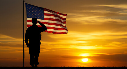 Patriotic tribute: Silhouette of soldier saluting the United States flag at sunset