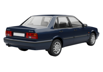 Isolated 1990s Mazda sedan showing rear passenger side in blue car studio shot no shadows