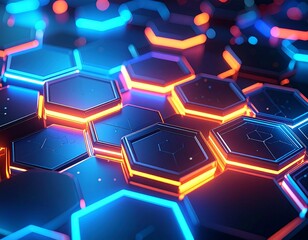 Abstract futuristic background with glowing blue and orange hexagonal patterns.