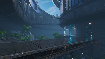 Fantasy science fiction buildings in a jungle environment. 3D render.